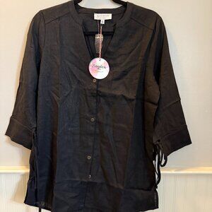 NWT Black Quarter Sleeve V Neck Button Up Linen Top